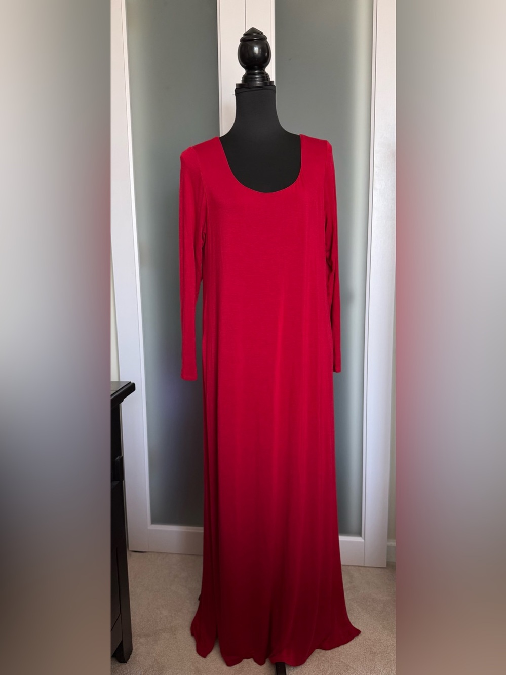 BONGO Red Double-layered Long Sleeve MIDI/Maxi Scoop Neck Dress